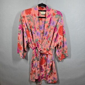 Victoria's Secret Coral Floral Satin Robe with Pink & Purple Blooms
